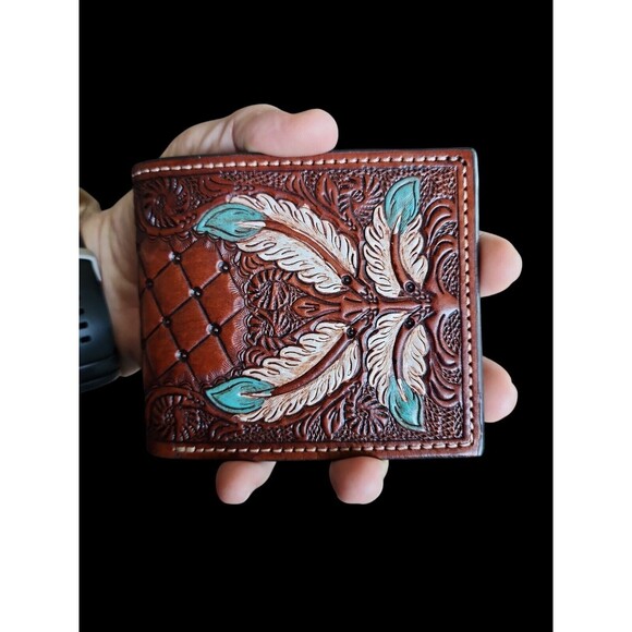 Western Chestnut Leather Bi-fold Wallet Floral FeatersTooled Basket Weave - Picture 7 of 9